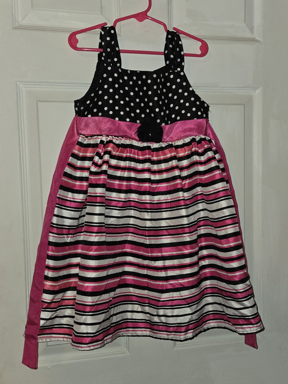 Brooke Lindsay Girls Black and Hot Pink Polka Dot & Striped Party Dress SZ 6